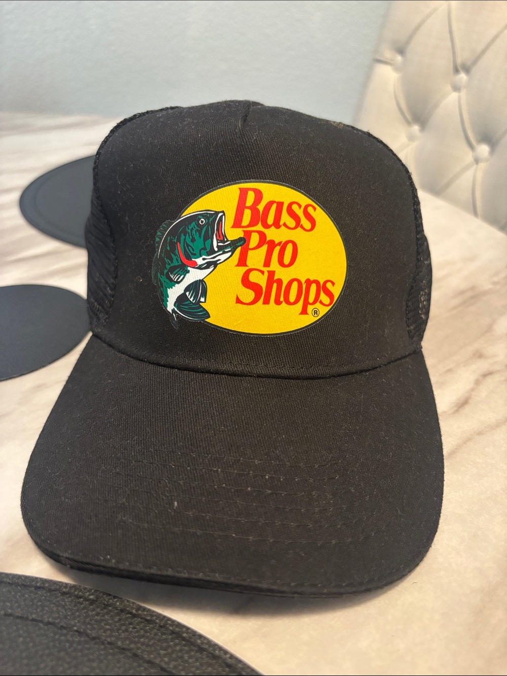 Bass Pro Shop Trucker Hat Black Hat with Yellow Logo and Green Fish